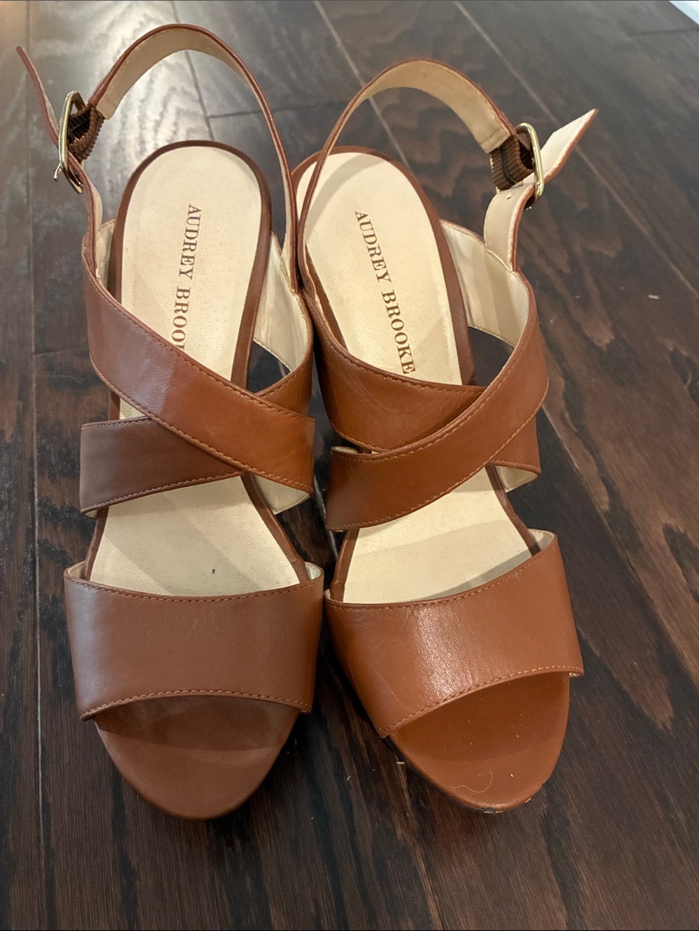 Audrey Brooke Cognac Brown Leather Crisscross Slingback Sandals